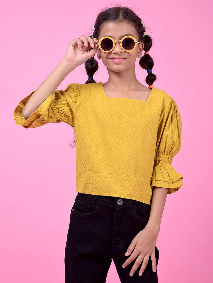 girls mustard solid puff sleeve top
