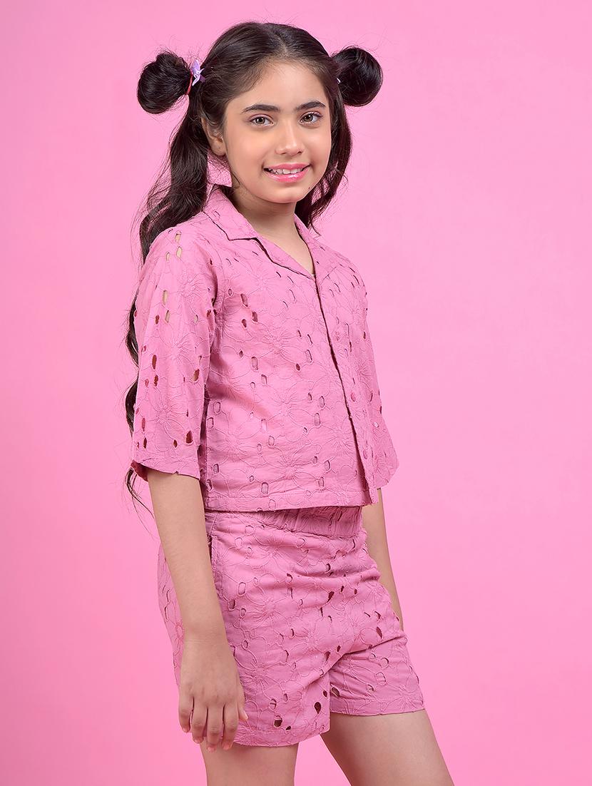 girls pink self designed lapel collar shirt - 21985415 - Standard Image - 2