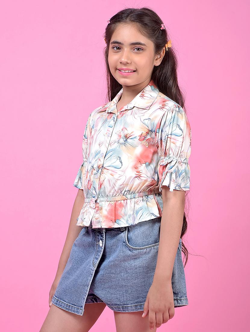 girls floral print collared puff sleeve shirts - 21985420 - Standard Image - 2