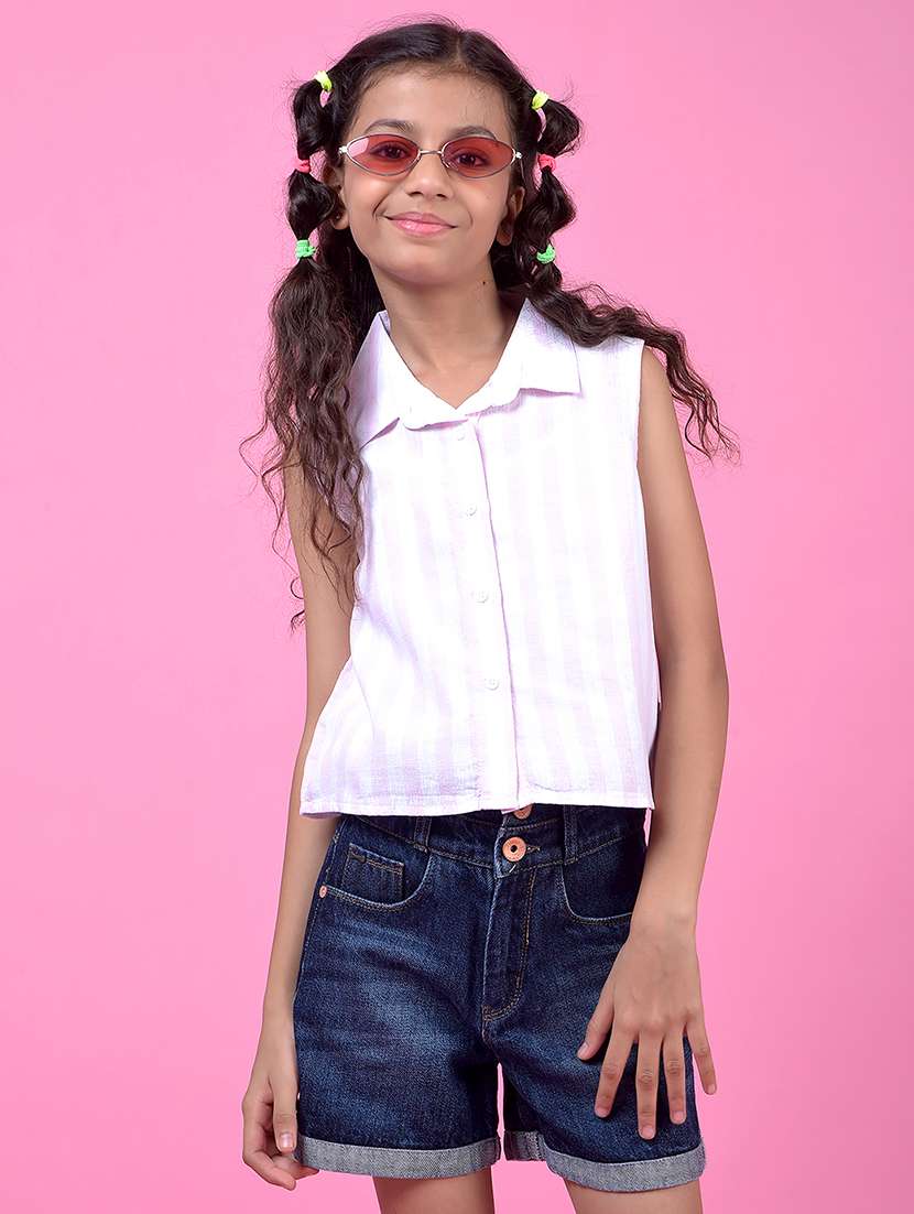 girls white striped collared sleeveless shirrt 