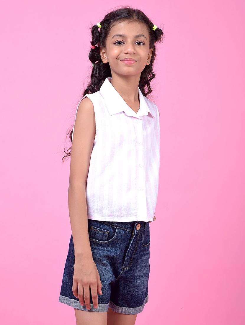 girls white striped collared sleeveless shirrt - 21985421 - Standard Image - 2