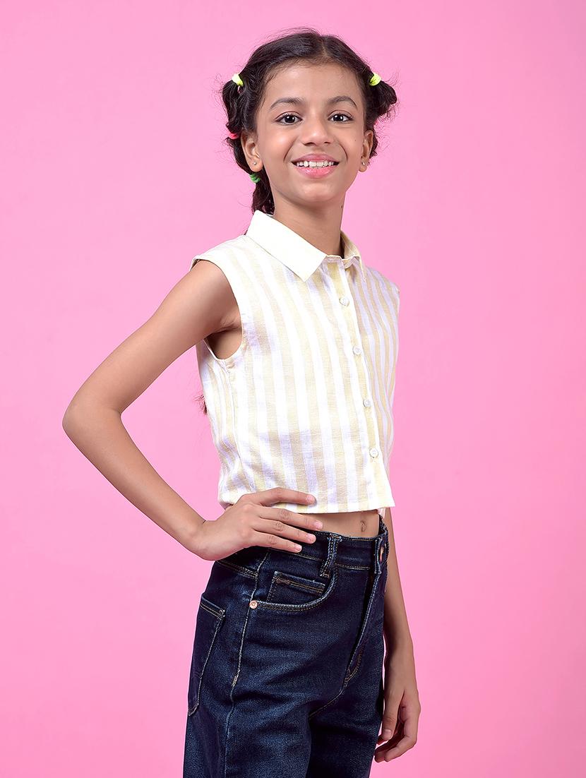 girls striped collared sleeveless crop shirt - 21985422 - Standard Image - 2