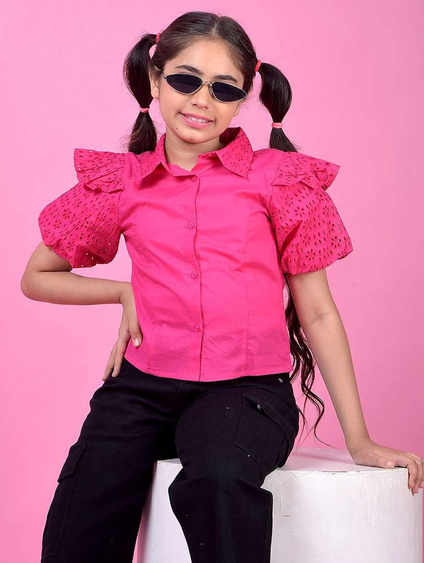 girls pink solid collared puff sleeve shirt