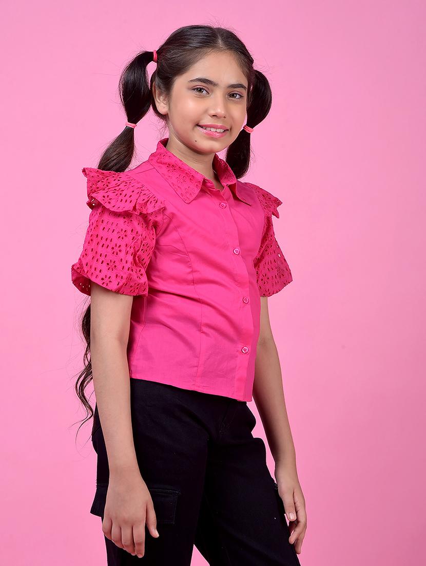 girls pink solid collared puff sleeve shirt - 21985423 - Standard Image - 2