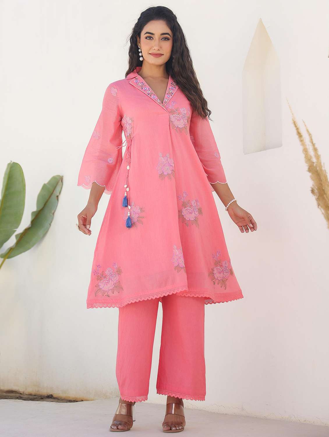 women floral three quarter sleeve kurta pant set - 21985487 -  Standard Image - 2