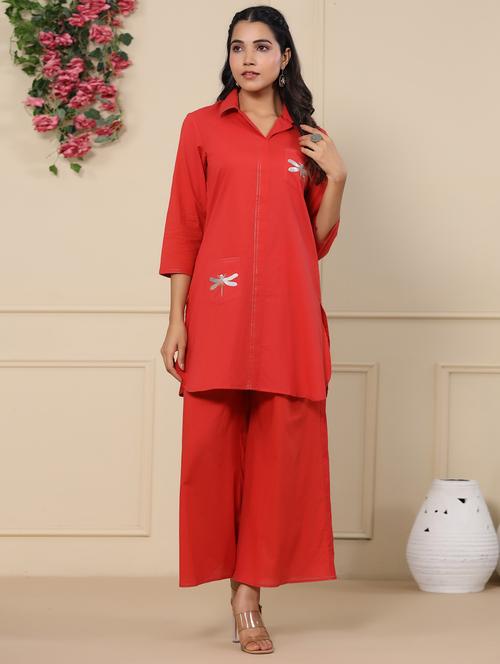 women solid with work three quarter sleeve ethnic co-ord set - 21985505 - Standard Image - 0