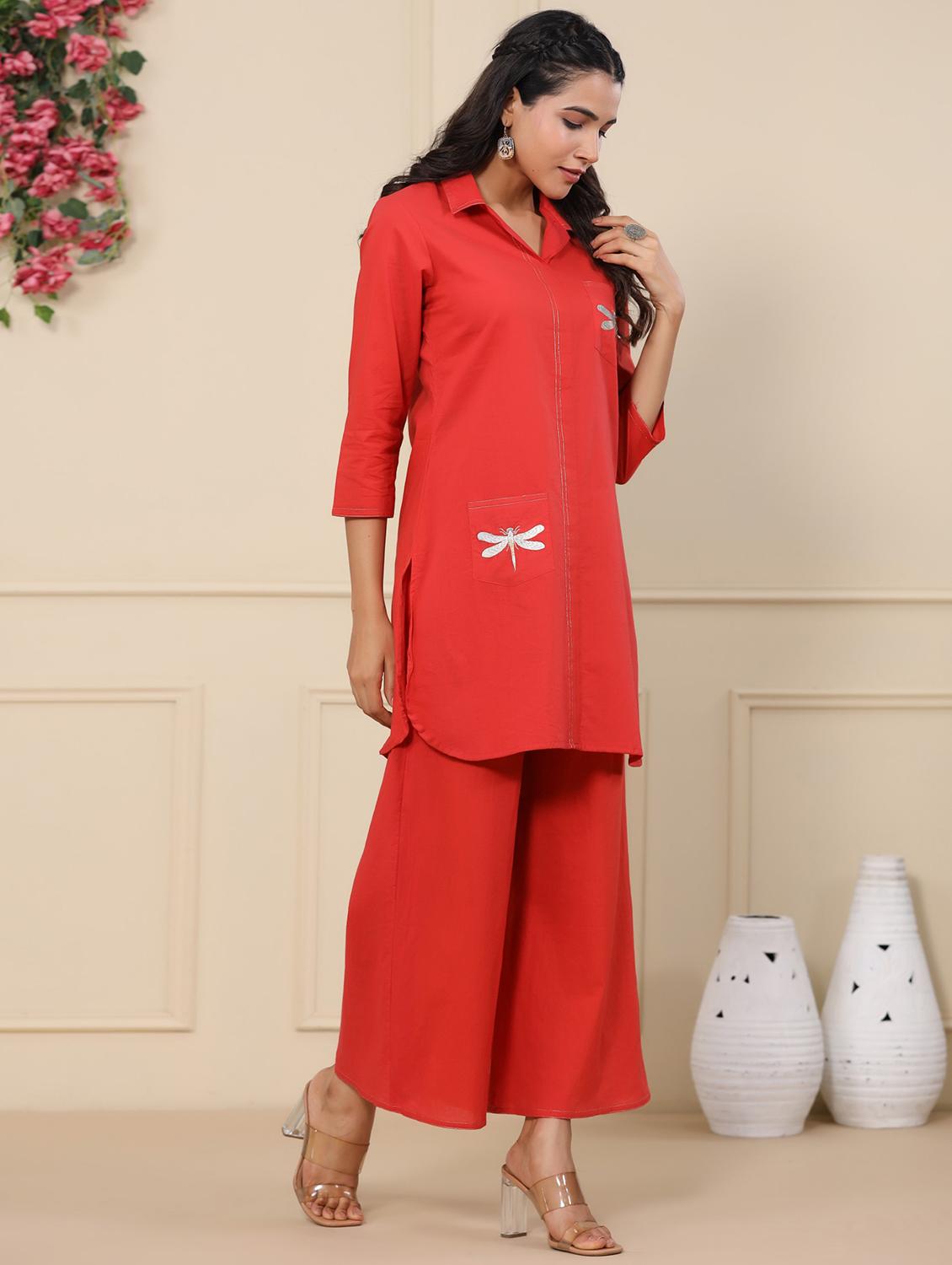 women solid with work three quarter sleeve ethnic co-ord set - 21985505 - Standard Image - 2