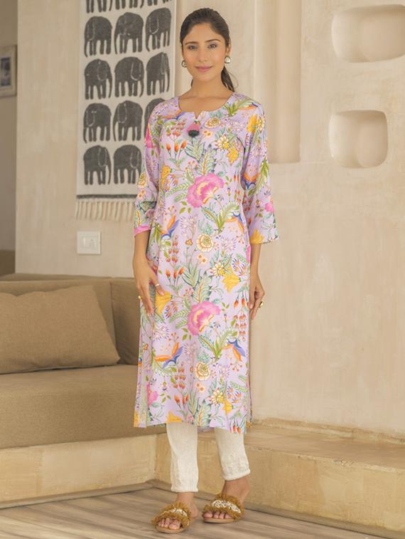 women floral three quarter sleeve kurta pant set - 21985518 - Standard Image - 2