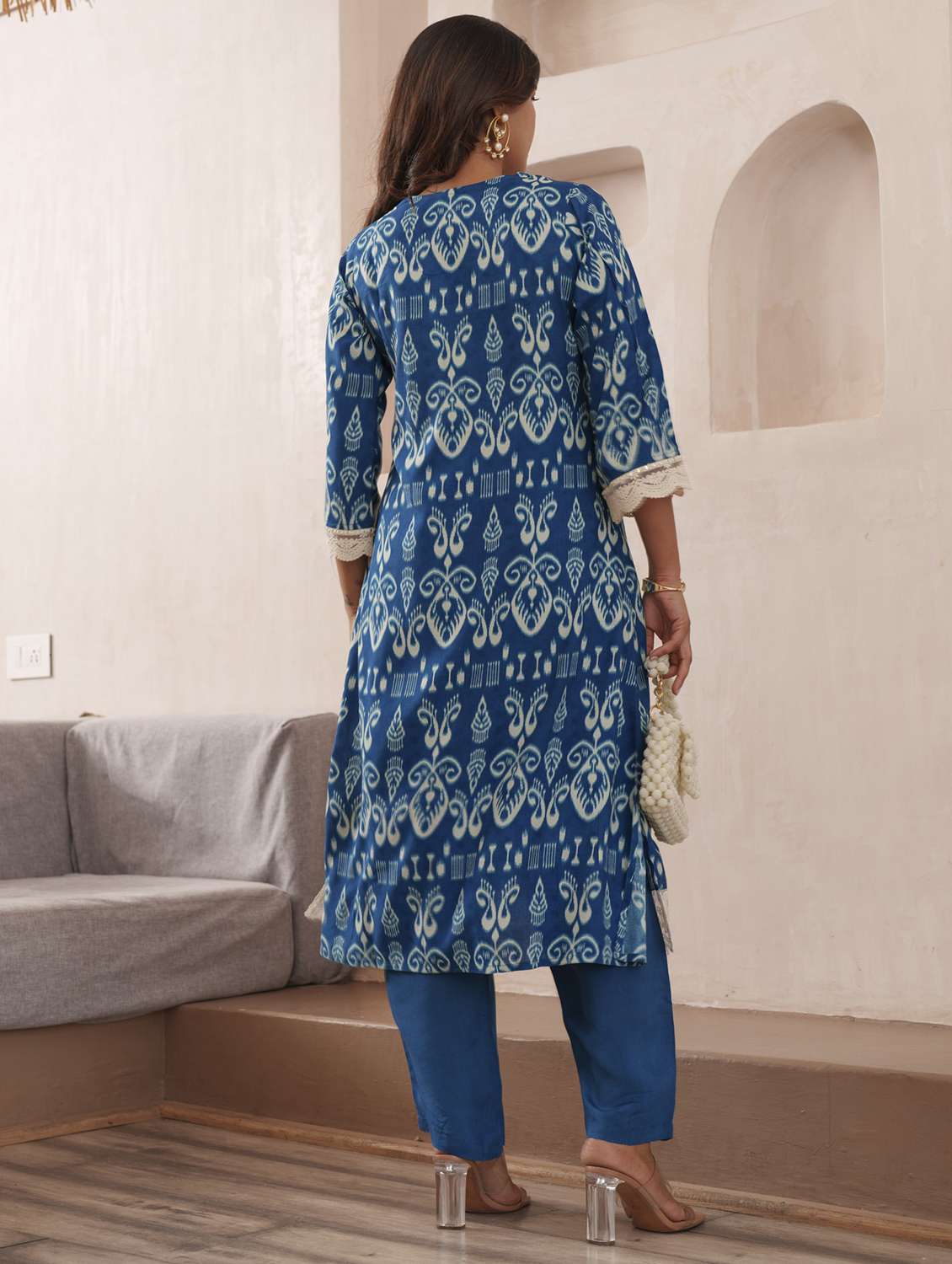 women ikat printed three quarter sleeve kurta pant set - 21985521 -  Standard Image - 2