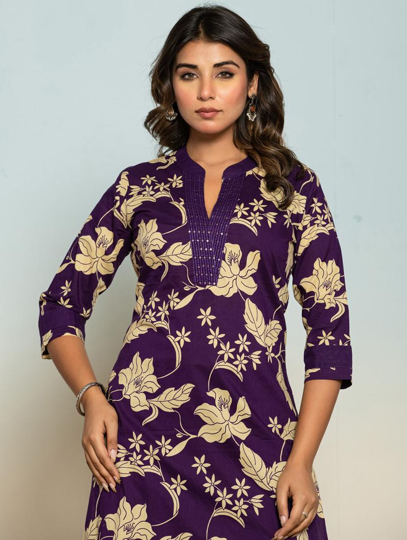 women floral three quarter sleeve kurta pant set - 21985525 - Standard Image - 2