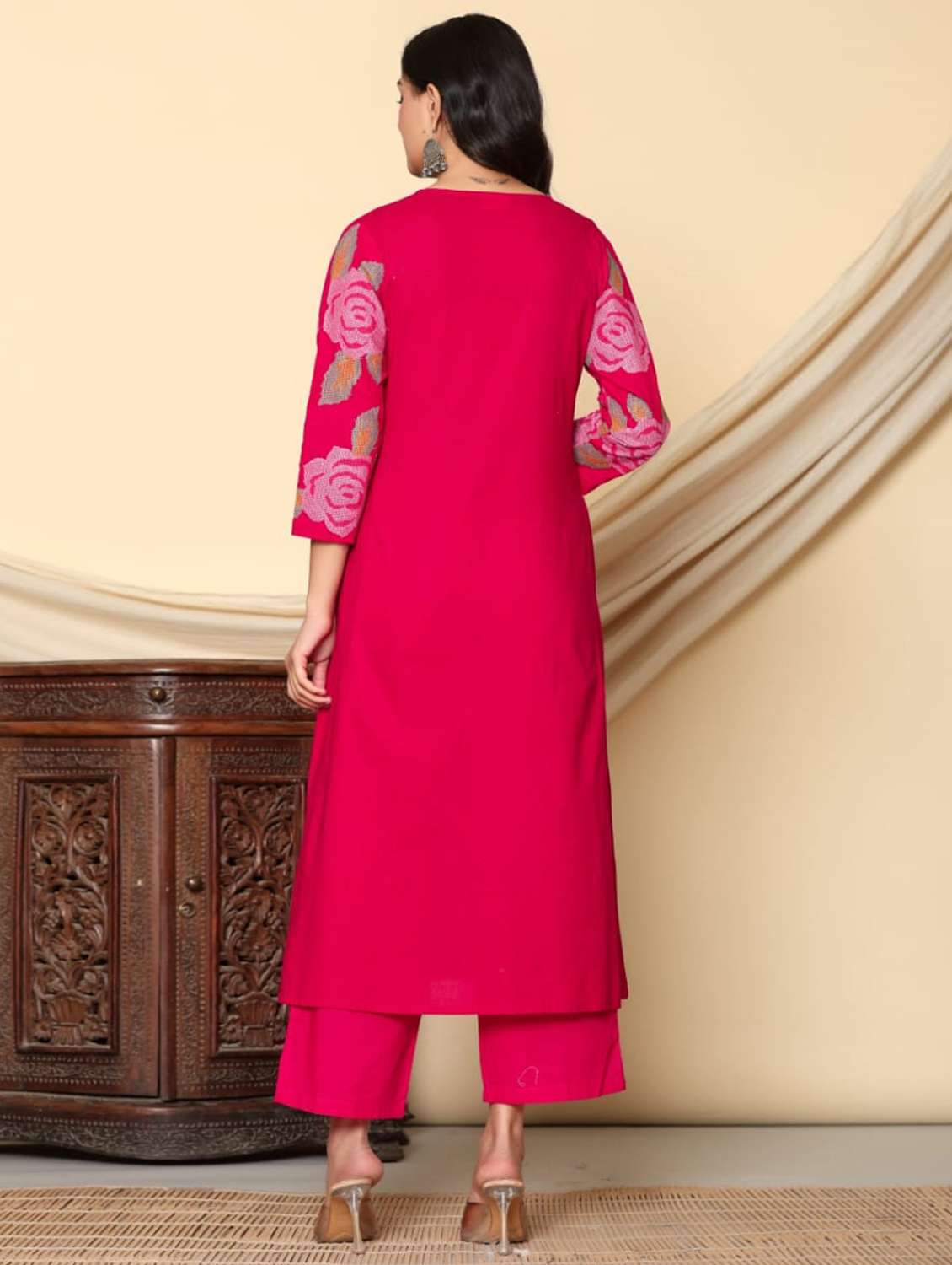 women solid with work three quarter sleeve kurta pant set - 21985558 -  Standard Image - 2