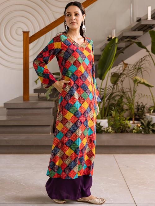 women printed long sleeve kurta palazzo set - 21985566 - Standard Image - 0