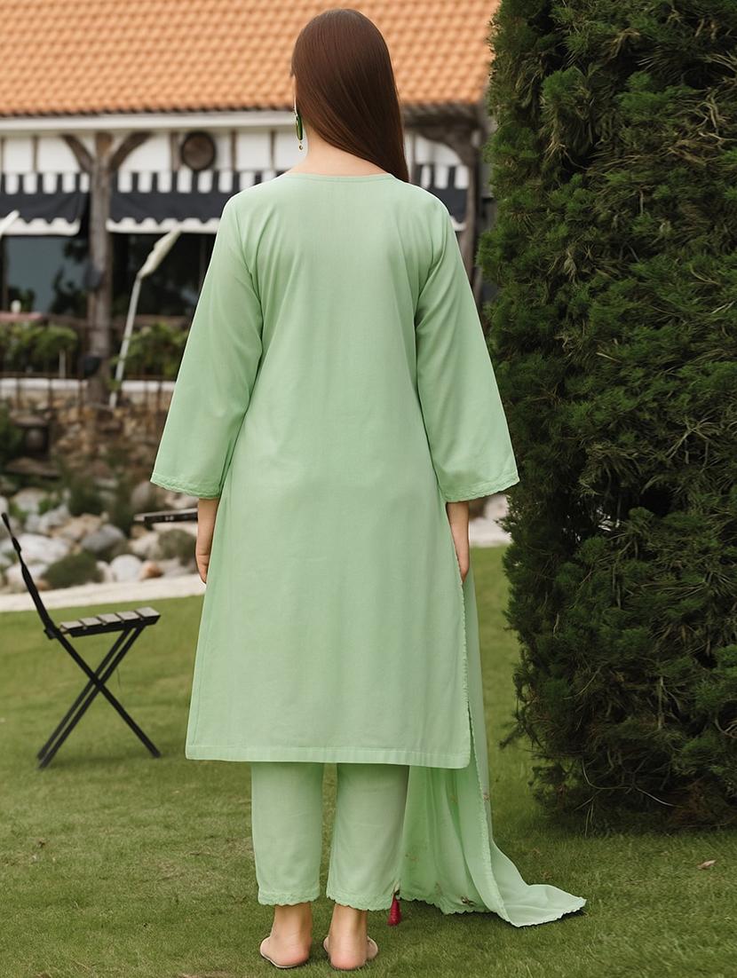 women solid with work long sleeve kurta pant with dupatta set - 21985572 - Standard Image - 2
