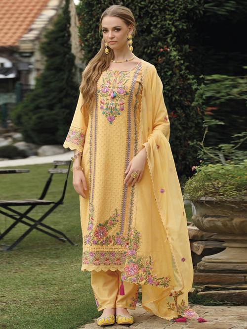 women solid with work long sleeve kurta pant with dupatta set - 21985575 -  Standard Image - 0