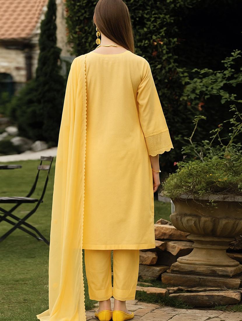 women solid with work long sleeve kurta pant with dupatta set - 21985575 - Standard Image - 2