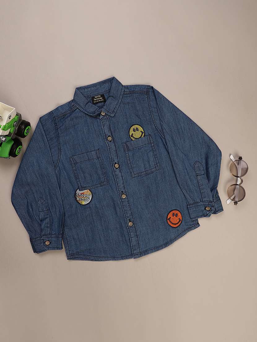 boys solid collared long sleeve  denim shirt