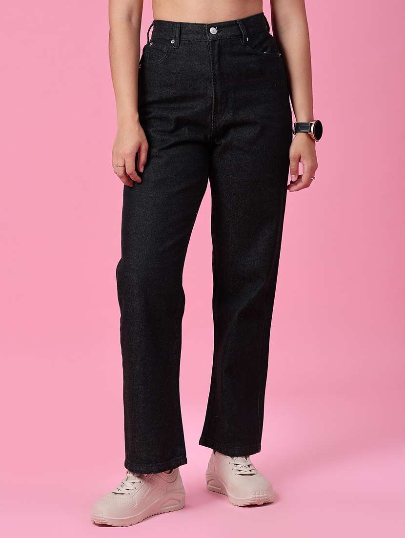 women plain mid rise straight fit jeans