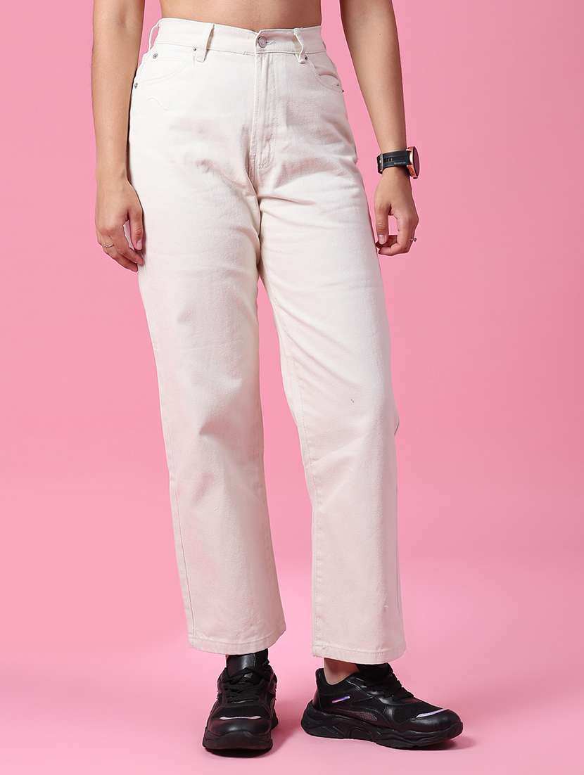 women plain mid rise straight fit jeans
