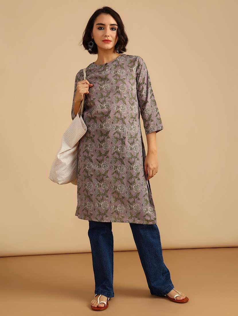 women three quarter sleeve straight kurta - 21985826 -  Standard Image - 2