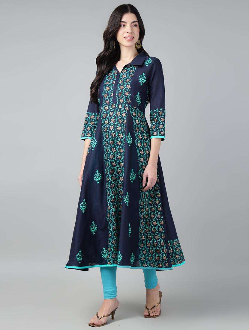 women printed three quarter sleeve a-line kurta - 21985962 -  Standard Image - 2