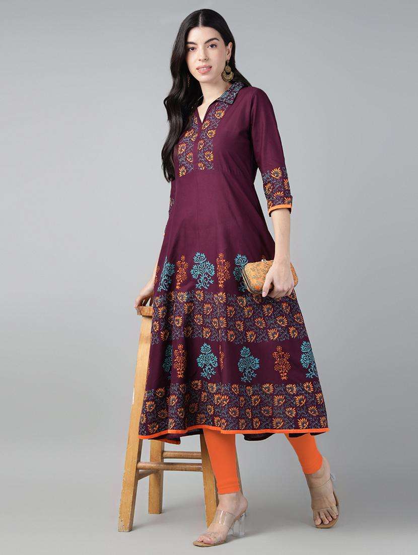 women printed three quarter sleeve a-line kurta
