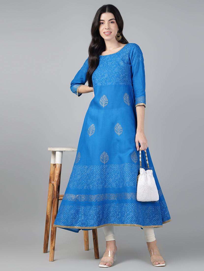 women printed three quarter sleeve a-line kurta