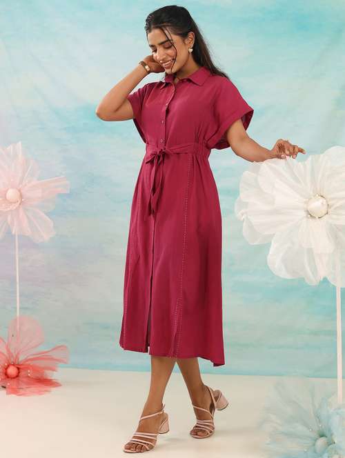 women solid collared short sleeve shirt dress dress - 21985970 - Standard Image - 0