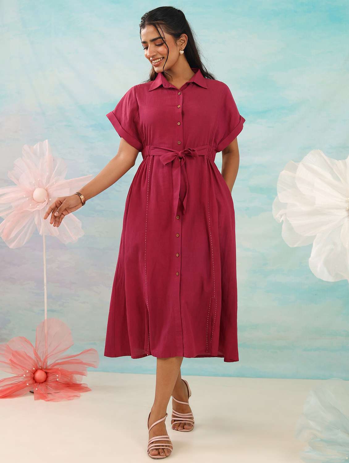 women solid collared short sleeve shirt dress dress - 21985970 - Standard Image - 2