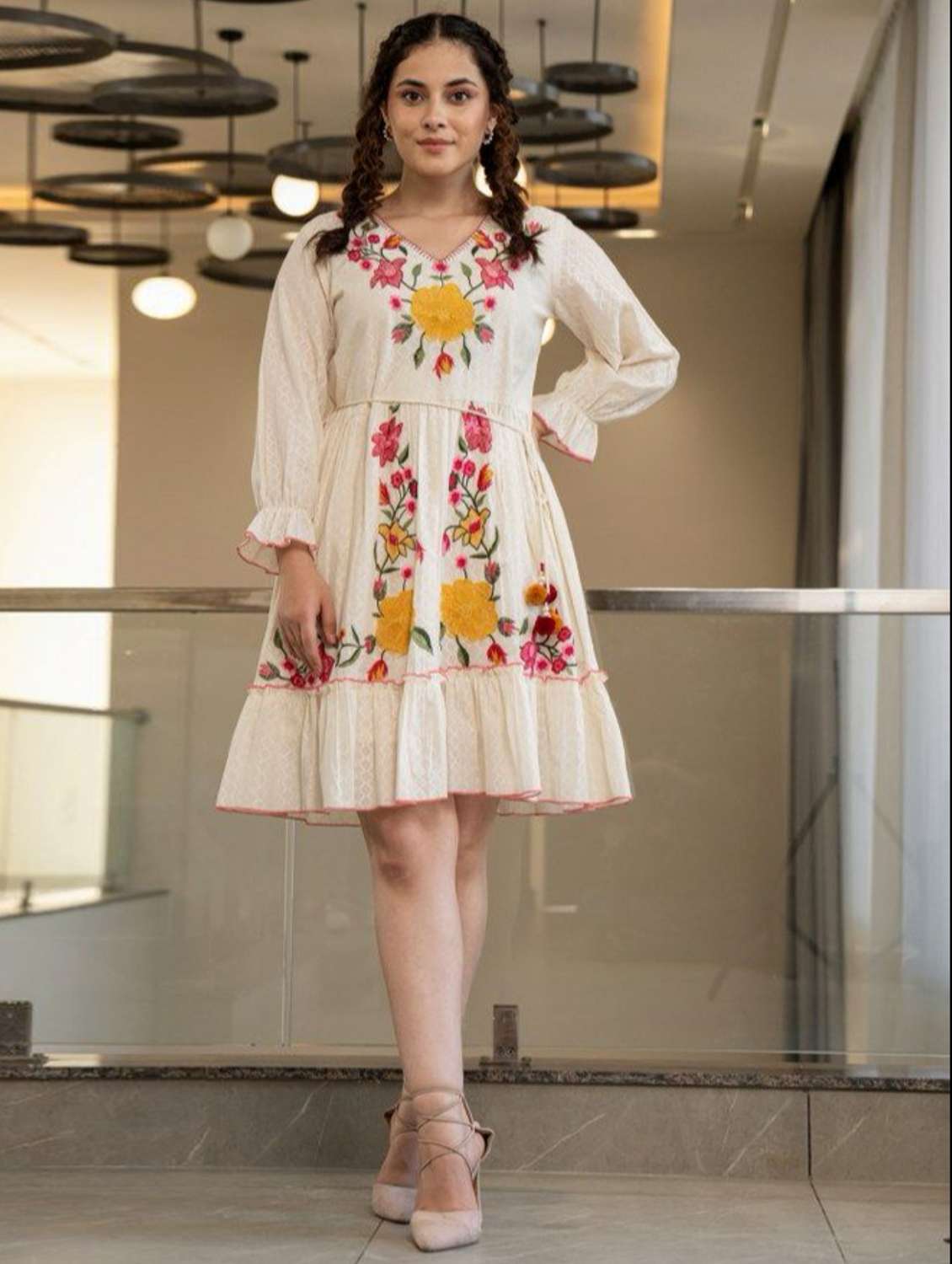 women cream embroidered long sleeve tiered dress - 21985973 - Zoom Image - 0