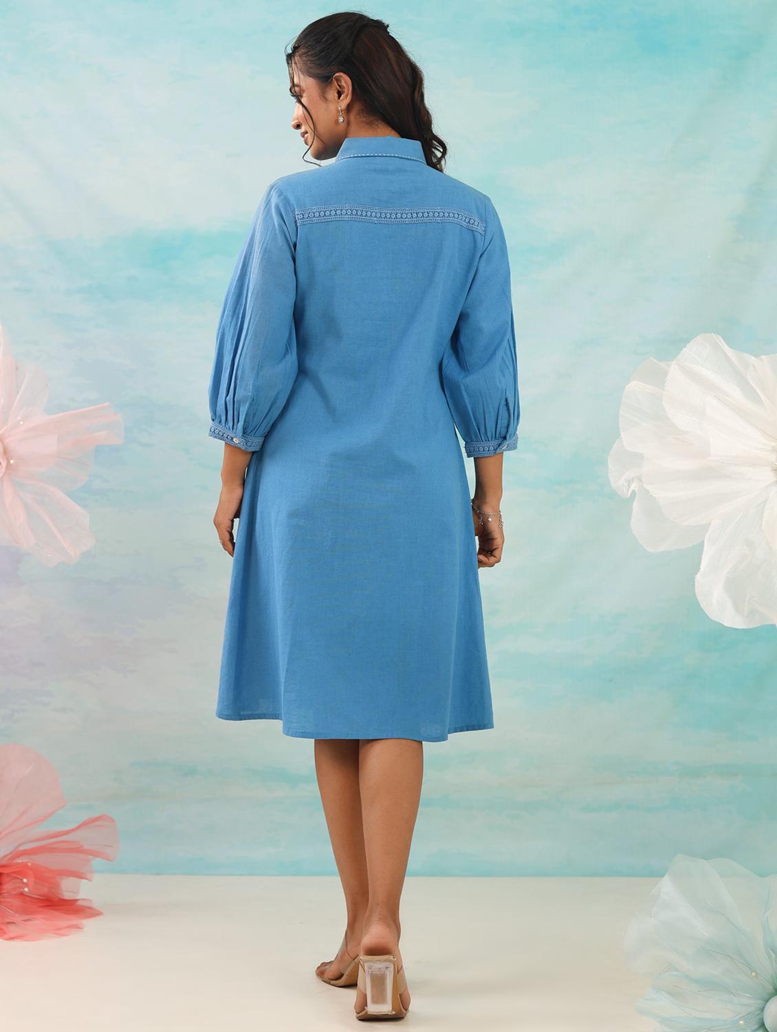women blue solid collared a-line dress - 21985982 - Standard Image - 2