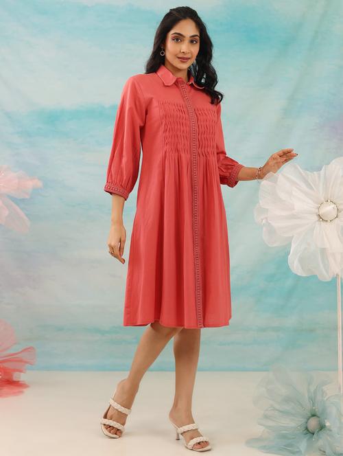 women peach solid collared puff sleeve a-line dress - 21985983 -  Standard Image - 0