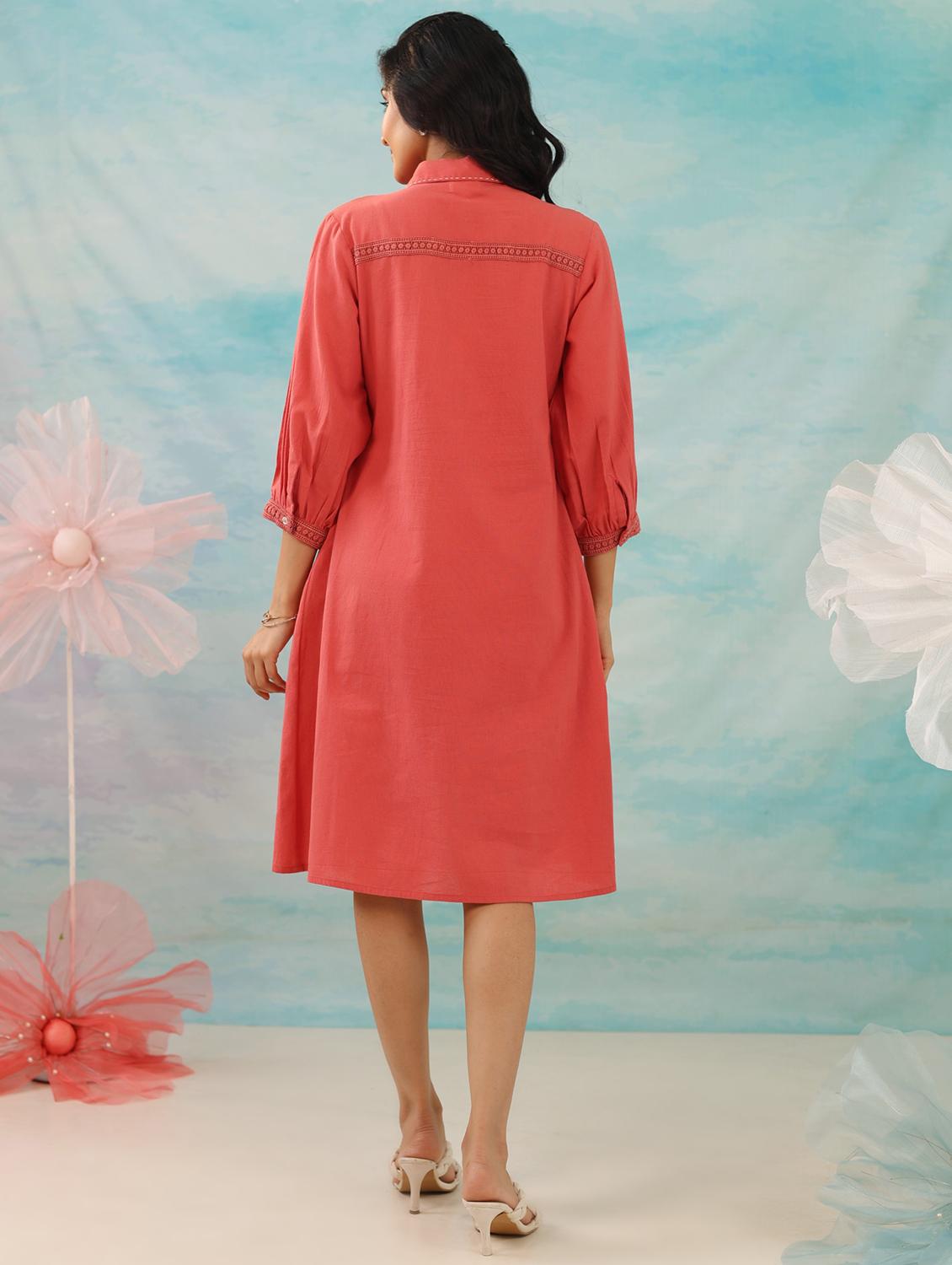 women peach solid collared puff sleeve a-line dress - 21985983 - Standard Image - 2