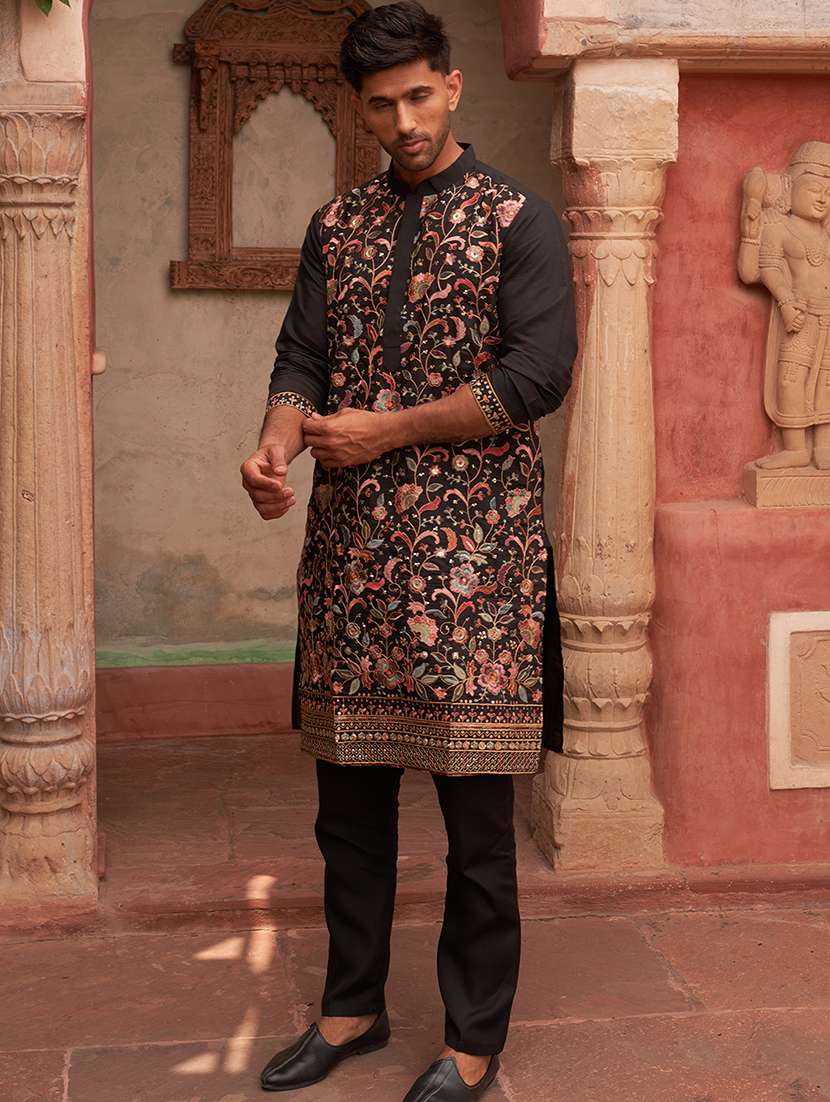 men embroidered long sleeve kurta and pyjama set