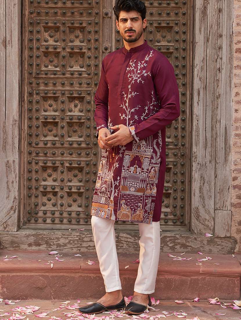 men burgundy embroidered kurta & pyjama set - 21986004 - Standard Image - 2