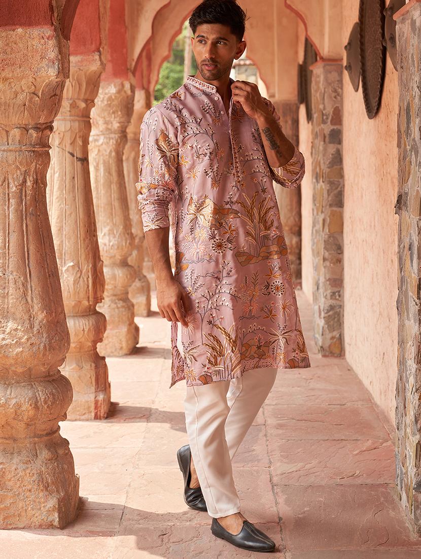 floral embroidered silk blend kurta pyjama - 21986007 - Zoom Image - 0