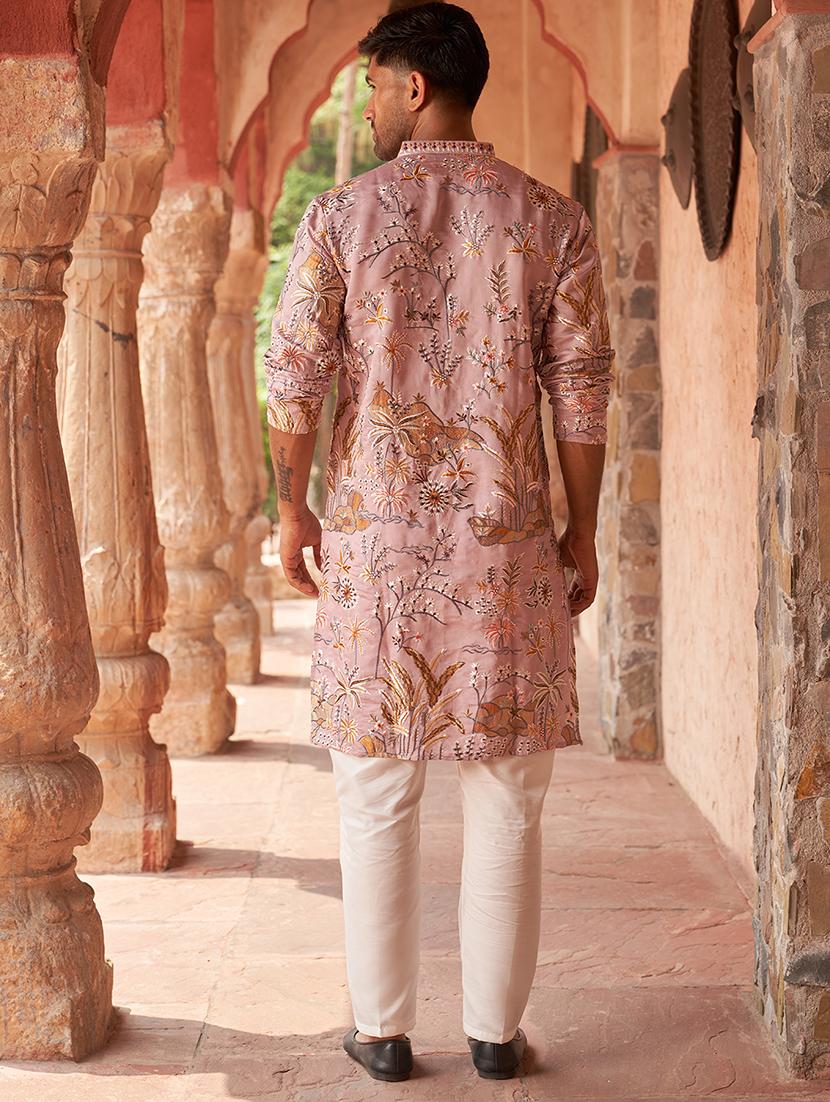 floral embroidered silk blend kurta pyjama - 21986007 - Standard Image - 2