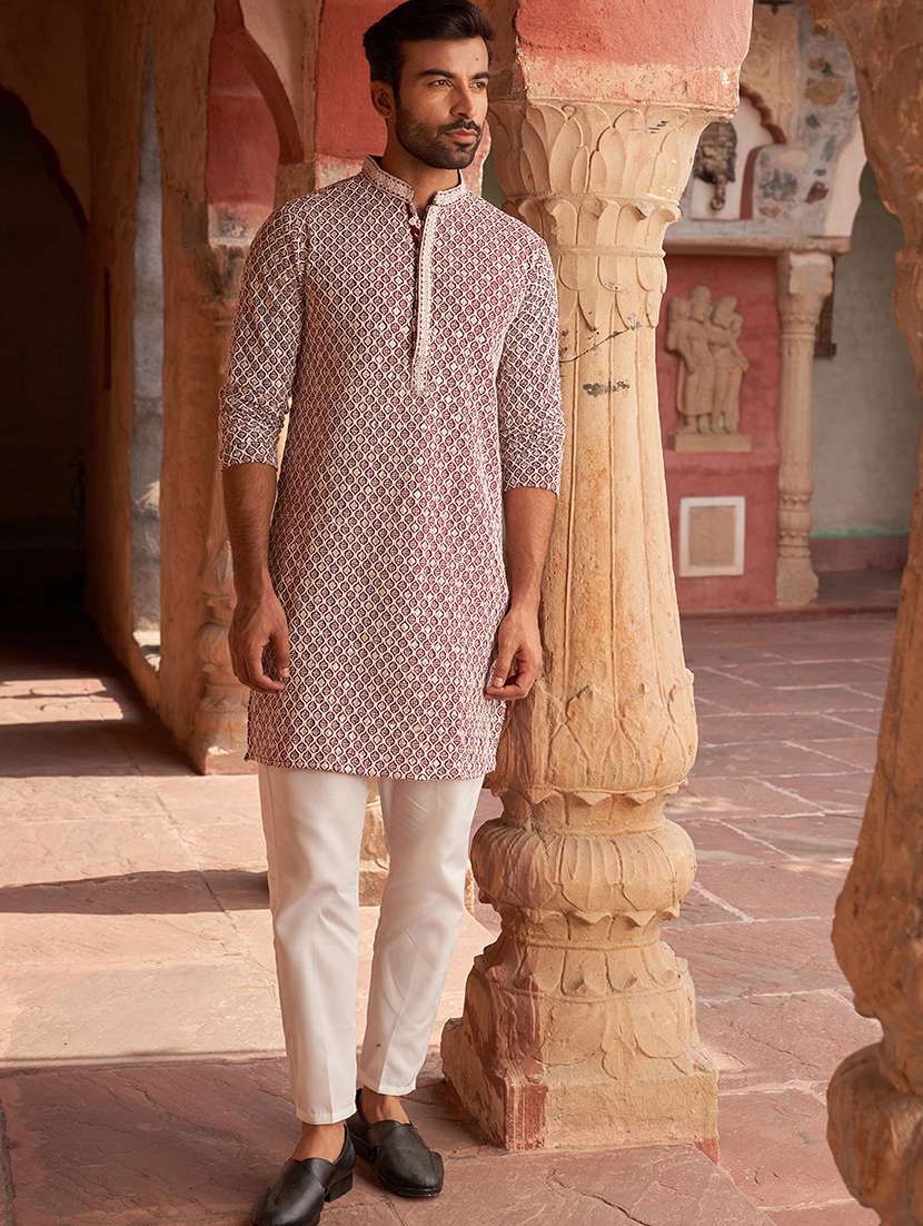 maroon cotton embroidered kurta pyjama set men - 21986010 -  Standard Image - 2