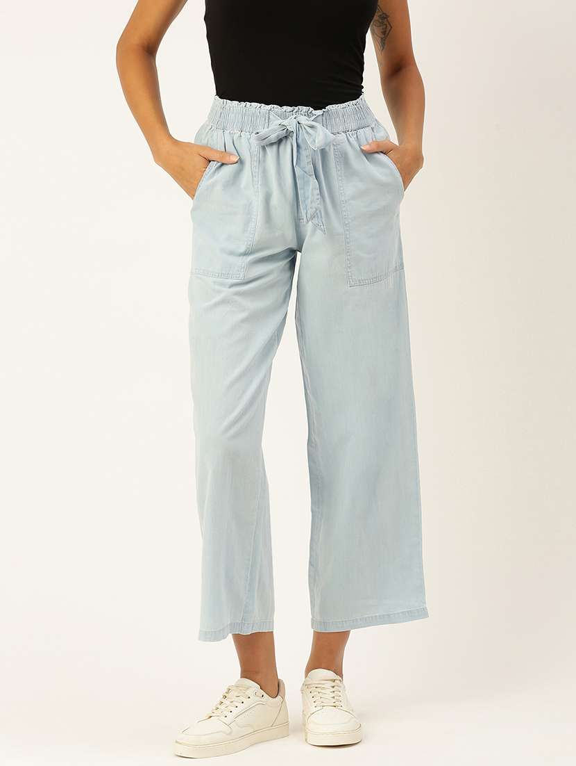women light blue solid mid rise straight  trouser