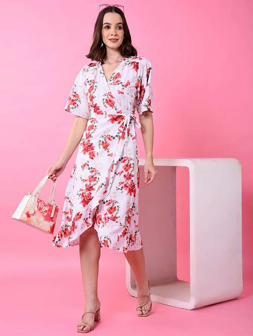 women floral print flared sleeve wrap dress - 21986026 - Standard Image - 0