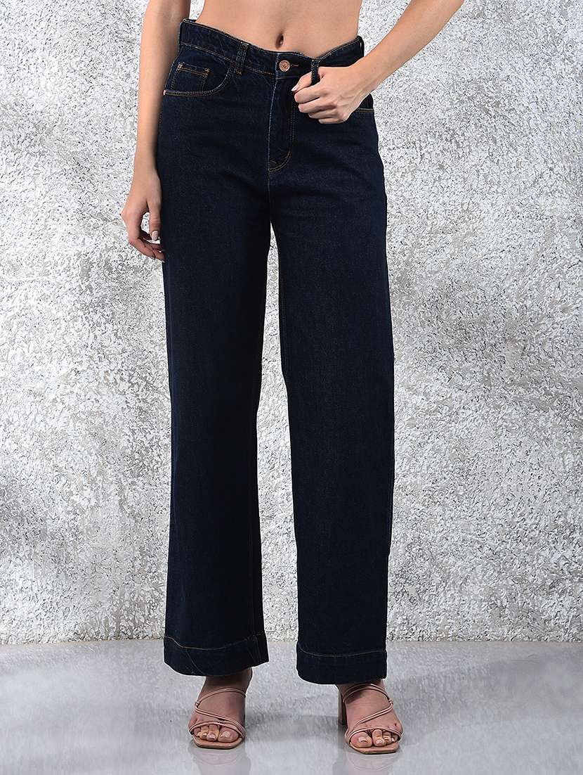 women solid mid rise wide leg jean