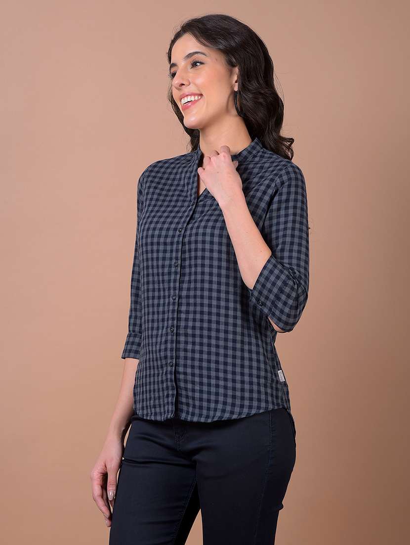 women checkered mandarin collar shirt - 21986067 -  Standard Image - 2