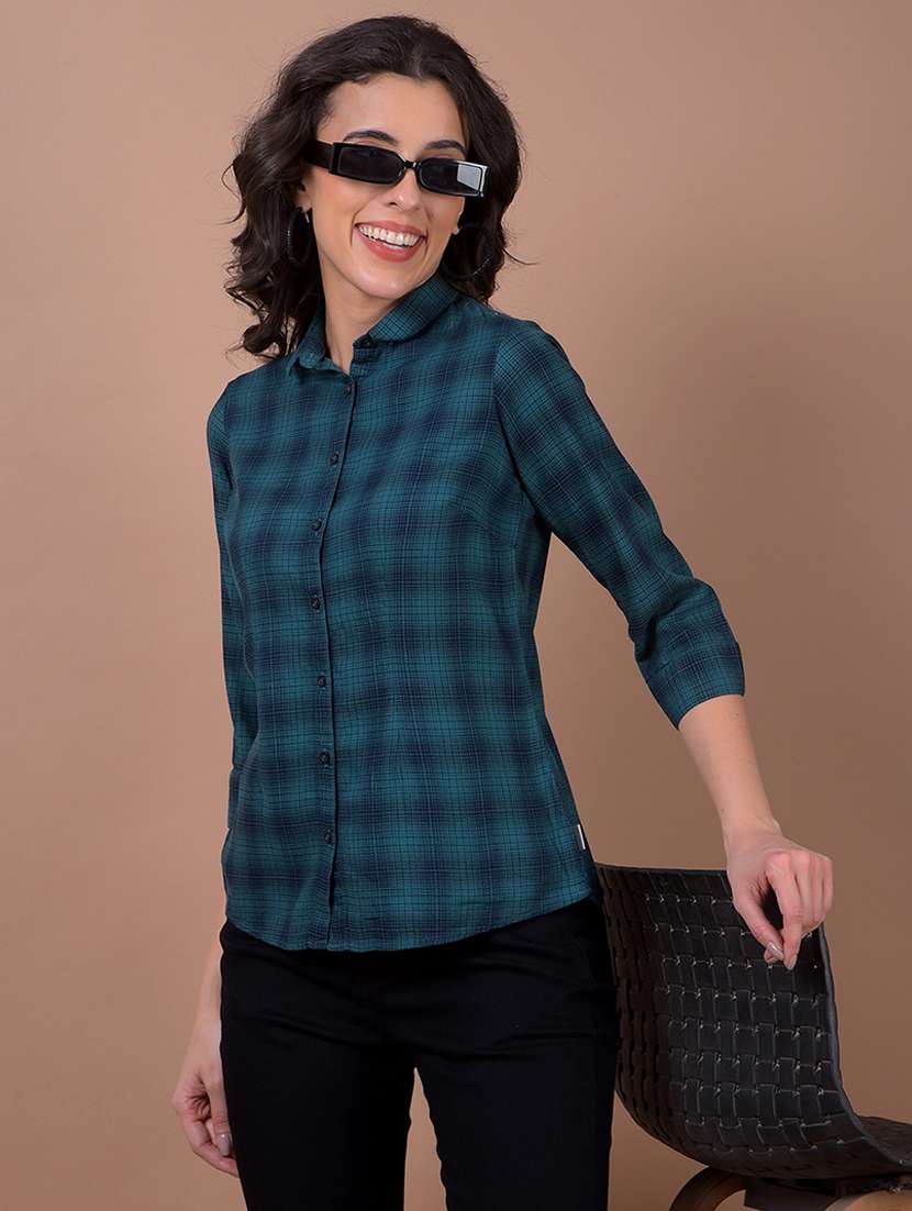 women checkered collared shirt