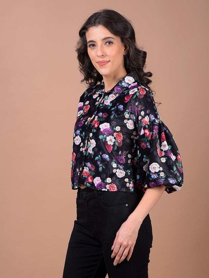 women floral print collared crop shirt - 21986071 - Standard Image - 2