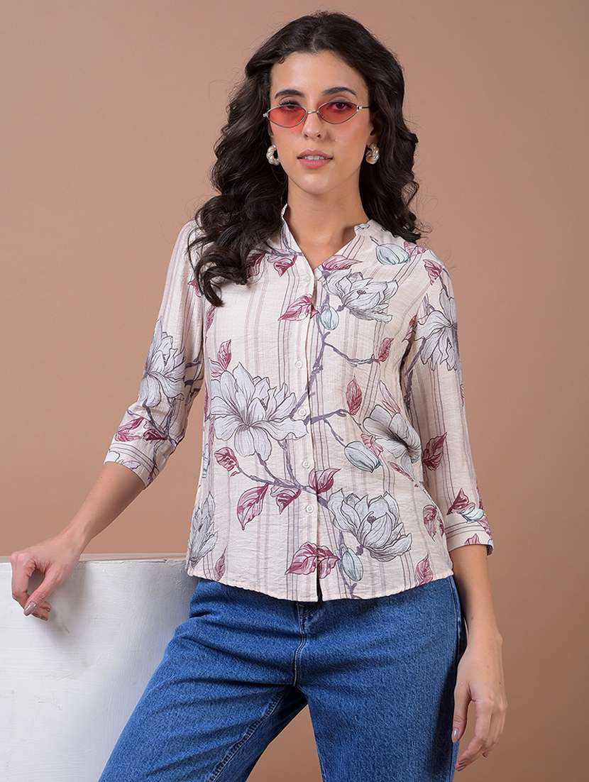 women printed three quarter sleeve collared shirt - 21986072 - Zoom Image - 0