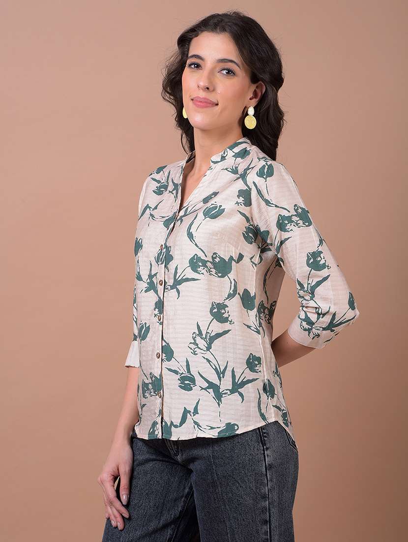 women printed three quarter sleeve collared shirt - 21986075 - Standard Image - 2