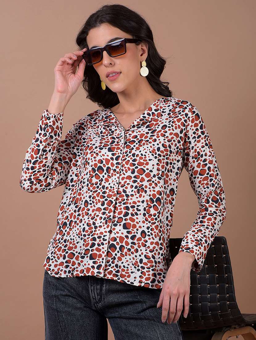 women printed long sleeve lapel collared shirt