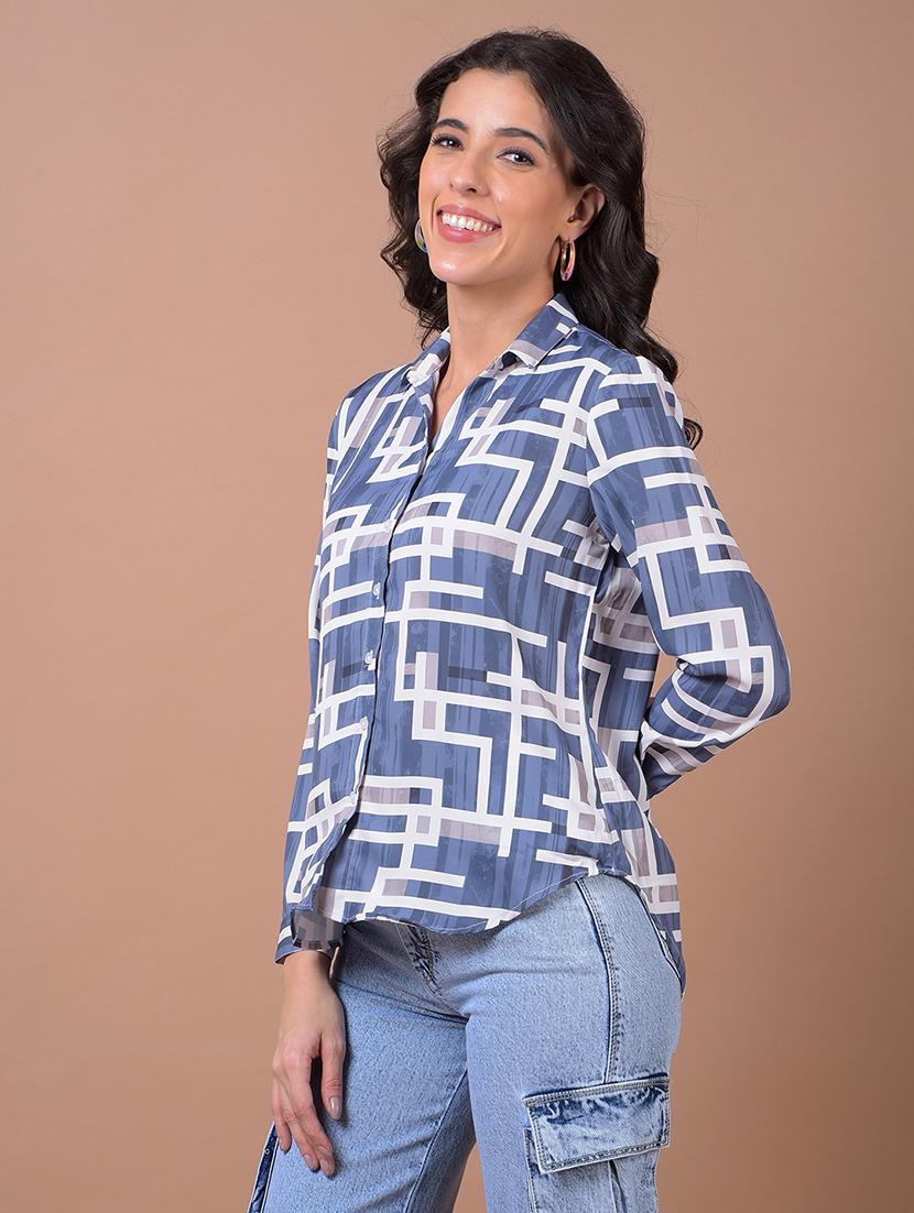 women printed long sleeve high low shirt - 21986079 - Standard Image - 2