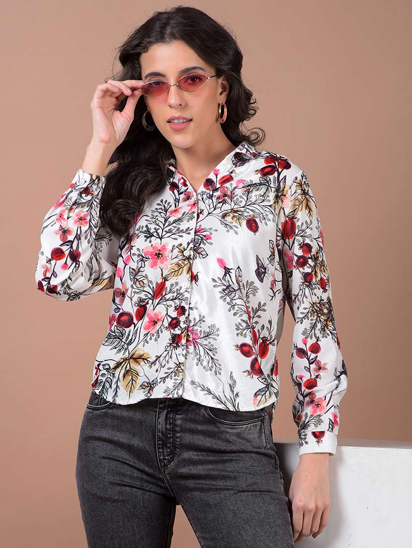 women printed long sleeve collared shirt
