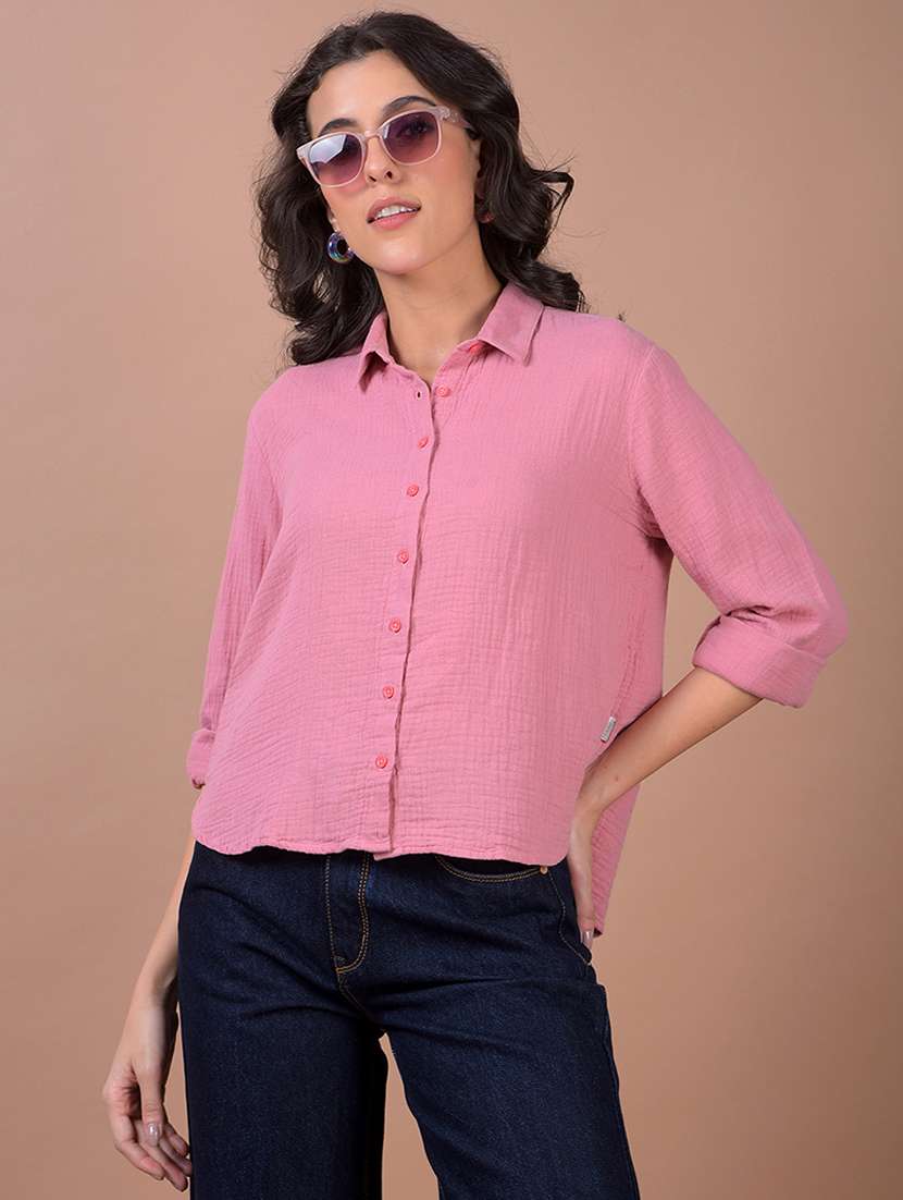 women solid long sleeve high low shirt