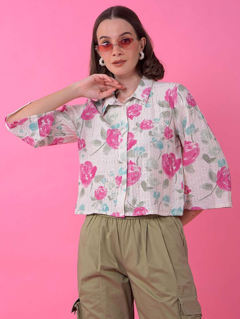 women floral print bell sleeve crop shirt